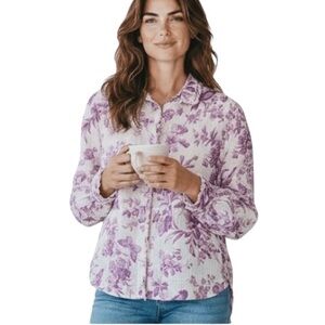 Sundance Chantilly Bloom White Purple Floral Bird Print Fringe Gauze Blouse - M